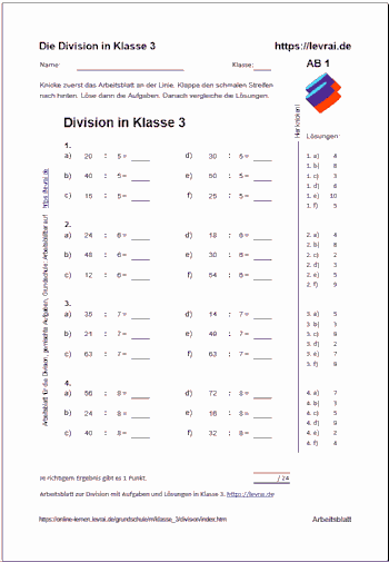 Arbeitsblatt zur Division in Klasse 3 mit Lösungen.