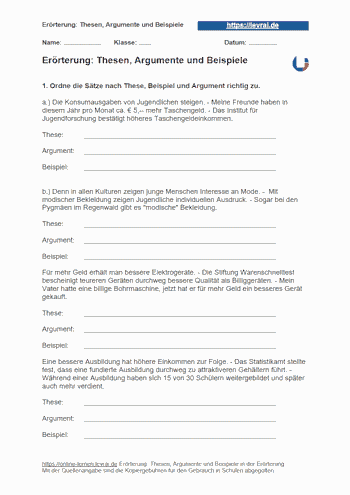 Arbeitsblätter mit Beispielen zur Erörterung