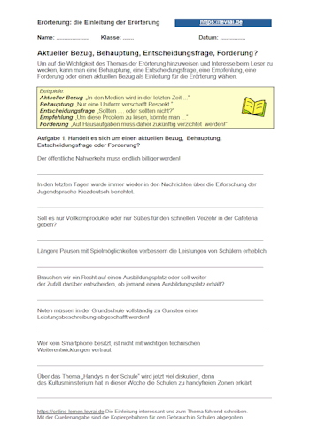 Arbeitsblätter mit Beispielen zur Erörterung