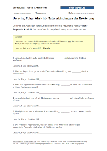 Arbeitsblätter mit Beispielen zur Erörterung