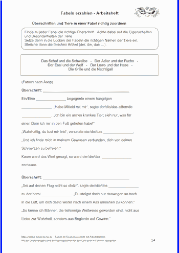 Überschriften und Tiere einer Fabel zuordnen - Arbeitsblatt