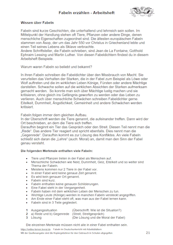 Arbeitsblatt: Der Aufbau einer Fabel.