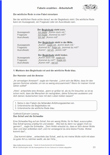 Die wörtliche Rede mit einer Fabel üben.