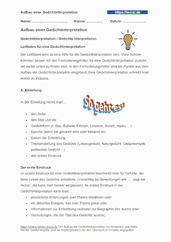 Arbeitsblätter für die Gedichtinterpretation