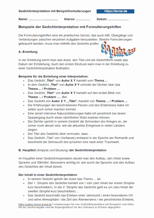 Formulierungen für die Gedichtinterpretation