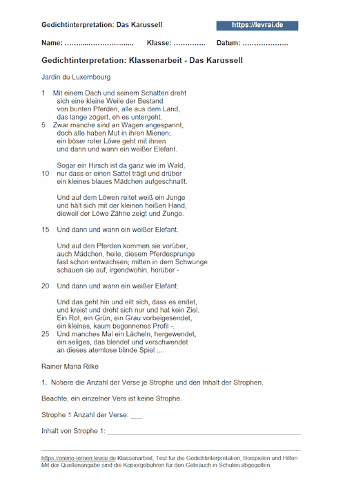 Arbeitsblatt als Klassenarbeit für die Gedichtinterpretation.