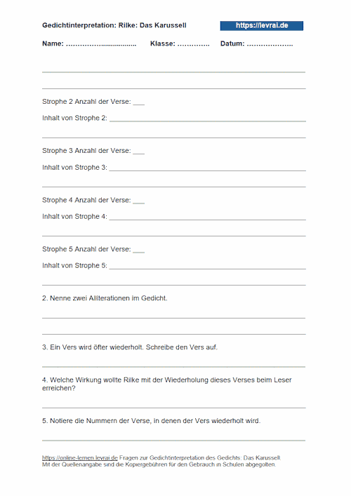 Arbeitsblatt als Klassenarbeit für die Gedichtinterpretation.