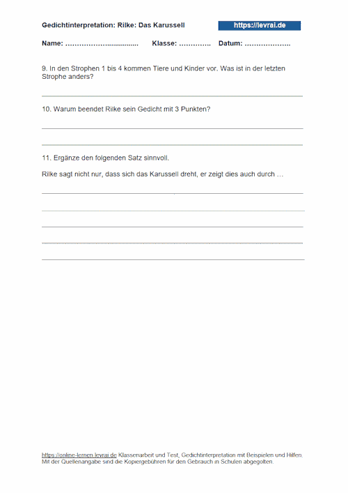 Arbeitsblatt als Klassenarbeit für die Gedichtinterpretation.