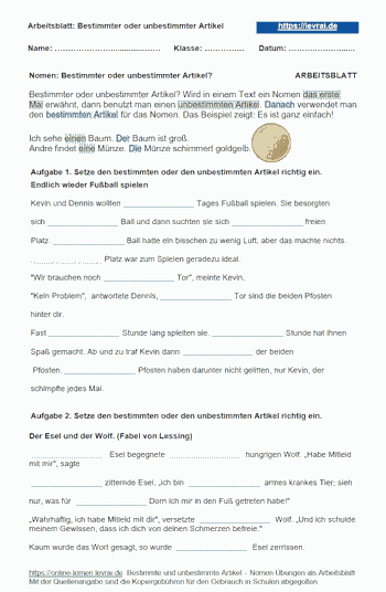 Arbeitsblatt und Übungsblatt für den bestimmten und unbestimmten Artikel bei Nomen.