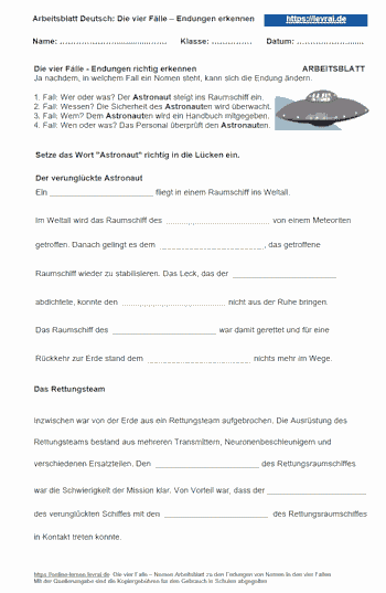 Arbeitsblatt und Übungsblatt für die Endungen von Nomen in den vier Fällen.