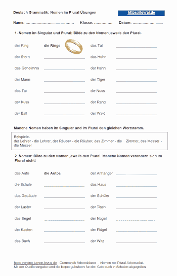 Arbeitsblatt und Übungsblatt für Nomen im Plural.
