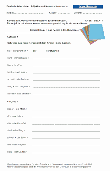 Adjektiv und Nomen als Kompositim - Arbeitsblatt.