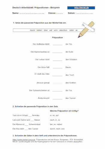 Arbeitsblatt für die Benutzung der Präpositionen