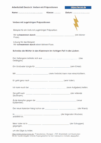 Arbeitsblatt für die Benutzung der Präpositionen