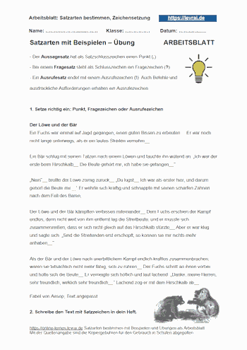 Arbeitsblatt und Übungsblatt 3 für Satzarten.