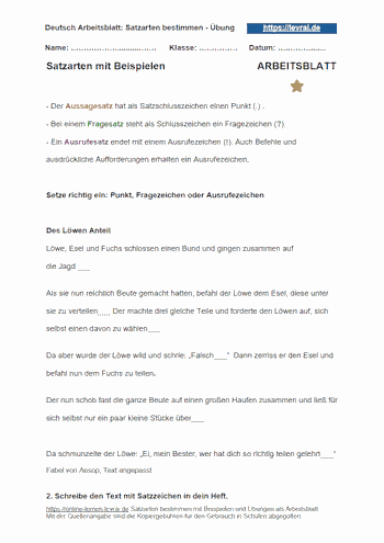 Arbeitsblatt und Übungsblatt 4 für Satzarten.