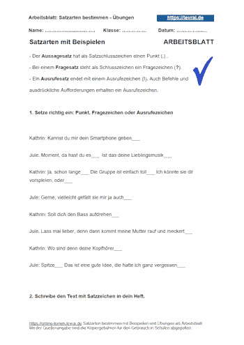 Arbeitsblatt und Übungsblatt 5 für Satzarten.