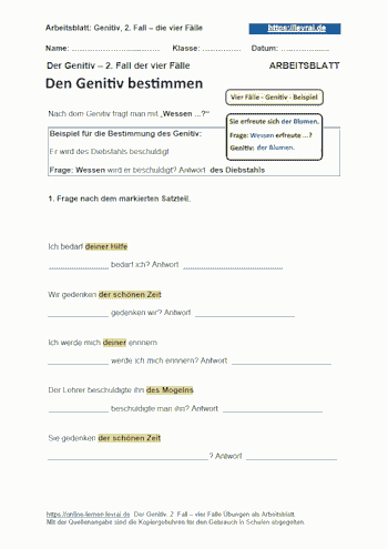 Den Genitiv als einen der vier Fälle mit einem Arbeitsblatt bestimmen