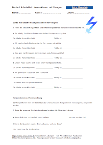 Arbeitsblatt für Konjunktionen zum Ausdrucken.