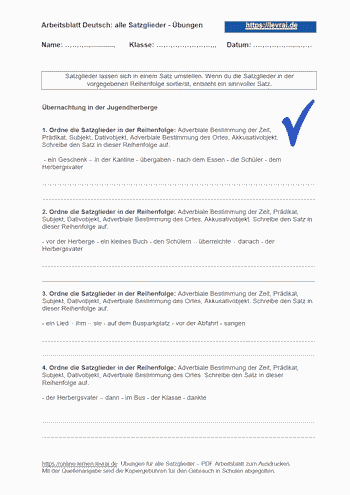 Übungen für alle Satzglieder als Arbeitsblatt