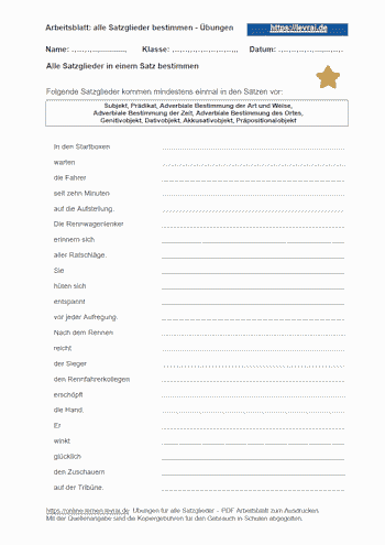 Übungen für alle Satzglieder als Arbeitsblatt und Übungsblatt