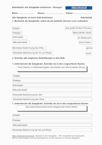 Arbeitsblatt um Subjekt, Prädikat, Objekte und Adverbiale zu bestimmen