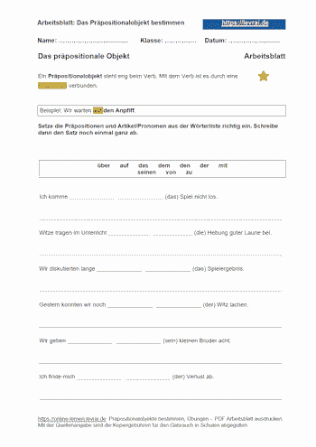 Das Präpositionalobjekt mit kostenlosen Arbeitsblättern üben.
