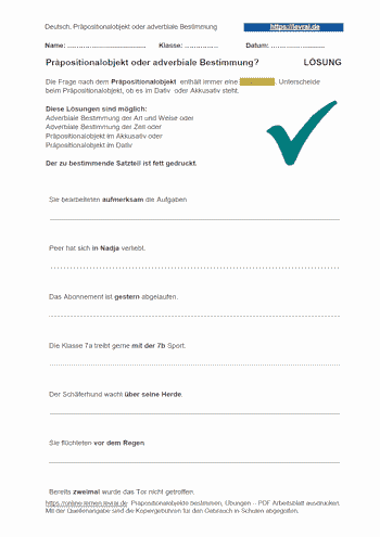 Präpositionalobjekte bestimmen - Hilfen als Arbeitsblatt