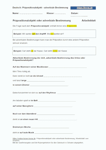 Präpositionalobjekte bestimmen mit einem Arbeitsblatt