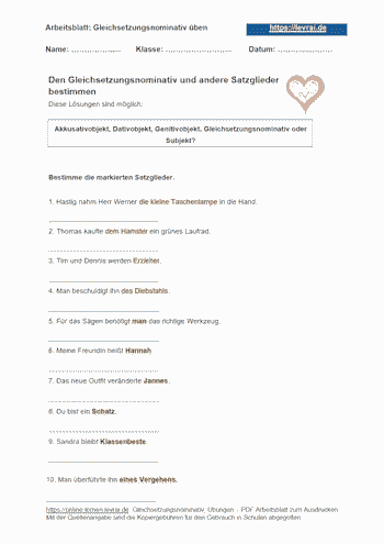 Den Gleichsetzungsnominativ und weitere Satzglieder mit dem Arbeitsblatt üben.