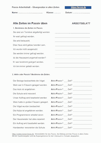 Passiv Arbeitsblatt für alle Zeiten mit Übungen