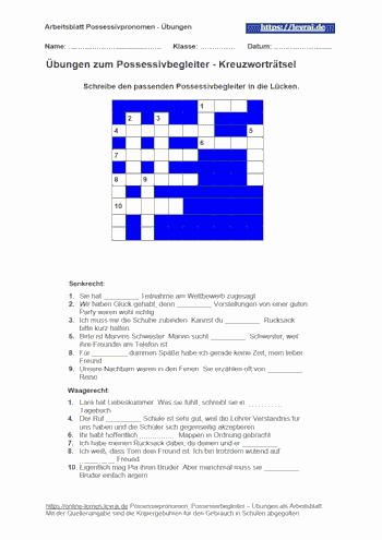 Kostenloses Arbeitsblatt, zum Üben von Possessivbegleitern.