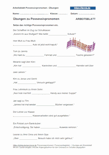 Kostenloses Arbeitsblatt, zum Üben von Possessivbegleitern.