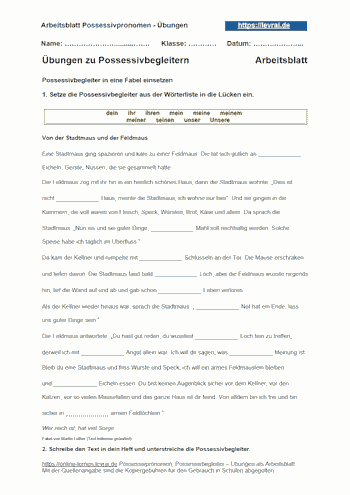 Kostenloses Arbeitsblatt, zum Üben von Possessivbegleitern.