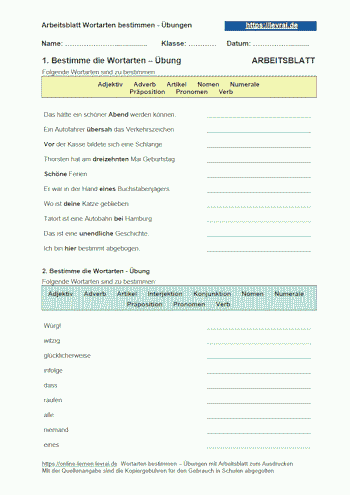 Die Bestimmung der Wortarten mit einem Arbeitsblatt üben