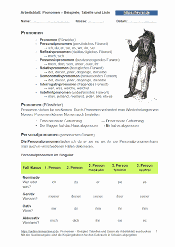 Pronmen mit Erklärungen und Beispielen als PDF - Arbeitsblatt