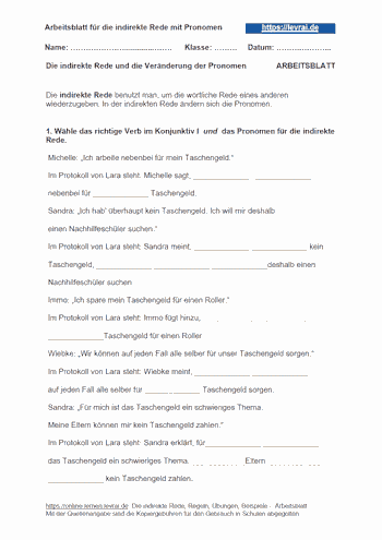 Arbeitsblatt für die indirekte Rede - Übungen mit kostenlosem Arbeitsblatt