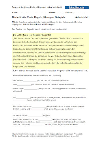 Arbeitsblatt für die indirekte Rede zum kostenlosen Ausdrucken