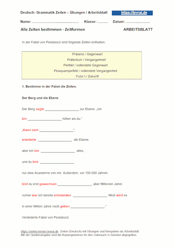Alle Zeiten in einem Text bestimmen - Arbeitsblatt für Grammatik