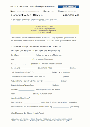 Bestimme alle Zeiten - Arbeitsblatt Deutsch, Grammatik