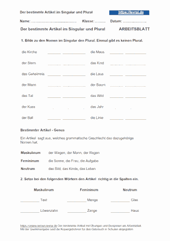 Arbeitsblatt für den bestimmten Artikel zum Ausdrucken