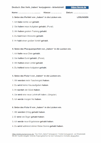 Arbeitsblatt mit Lösungen für die Konjugation des Verbs „haben“.
