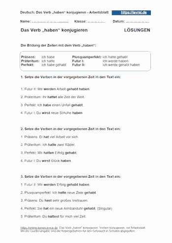 Arbeitsblatt 3 mit Lösungen für die Konjugation des Verbs „haben“.