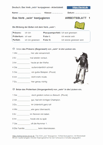 Arbeitsblatt 1 für die Konjugation des Verbs „sein“.