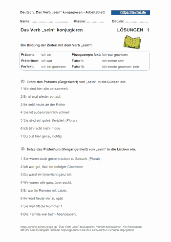 Arbeitsblatt 1 mit Lösungen für die Konjugation des Verbs „sein“.