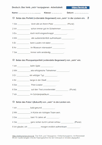 Arbeitsblatt 2 für die Konjugation des Verbs „sein“.