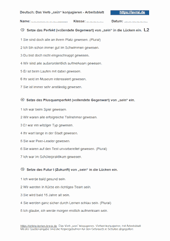 Arbeitsblatt 2 mit Lösungen für die Konjugation des Verbs „sein“ - gemischte Übung.