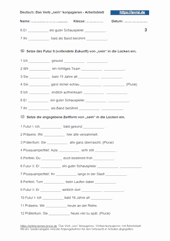 Arbeitsblatt 3 für die Konjugation des Verbs „sein“.