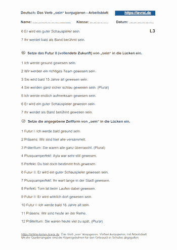 Arbeitsblatt 3 mit Lösungen für die Konjugation des Verbs „sein“.