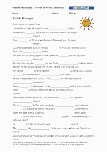Perfekt Arbeitsblatt - das Perfekt in einen Text einsetzen für Klasse 5, Klasse 6 und Klasse 7